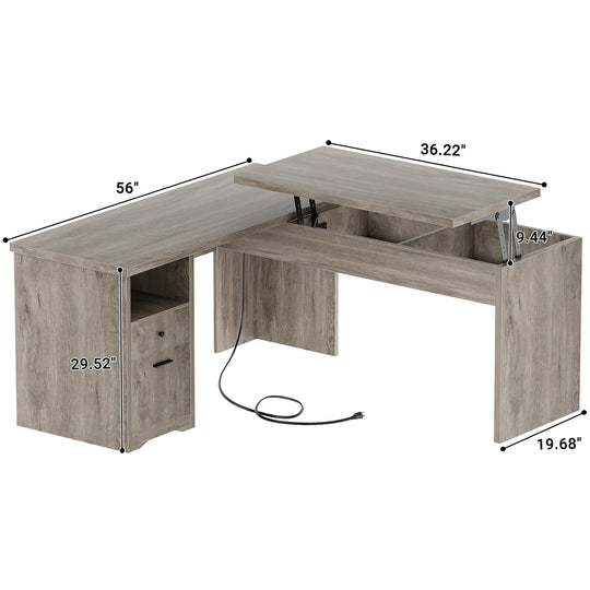 Modern Farmhouse Lift Top L-Shaped Desk with Charge Station, Corner Desk with File Drawers for Home Office