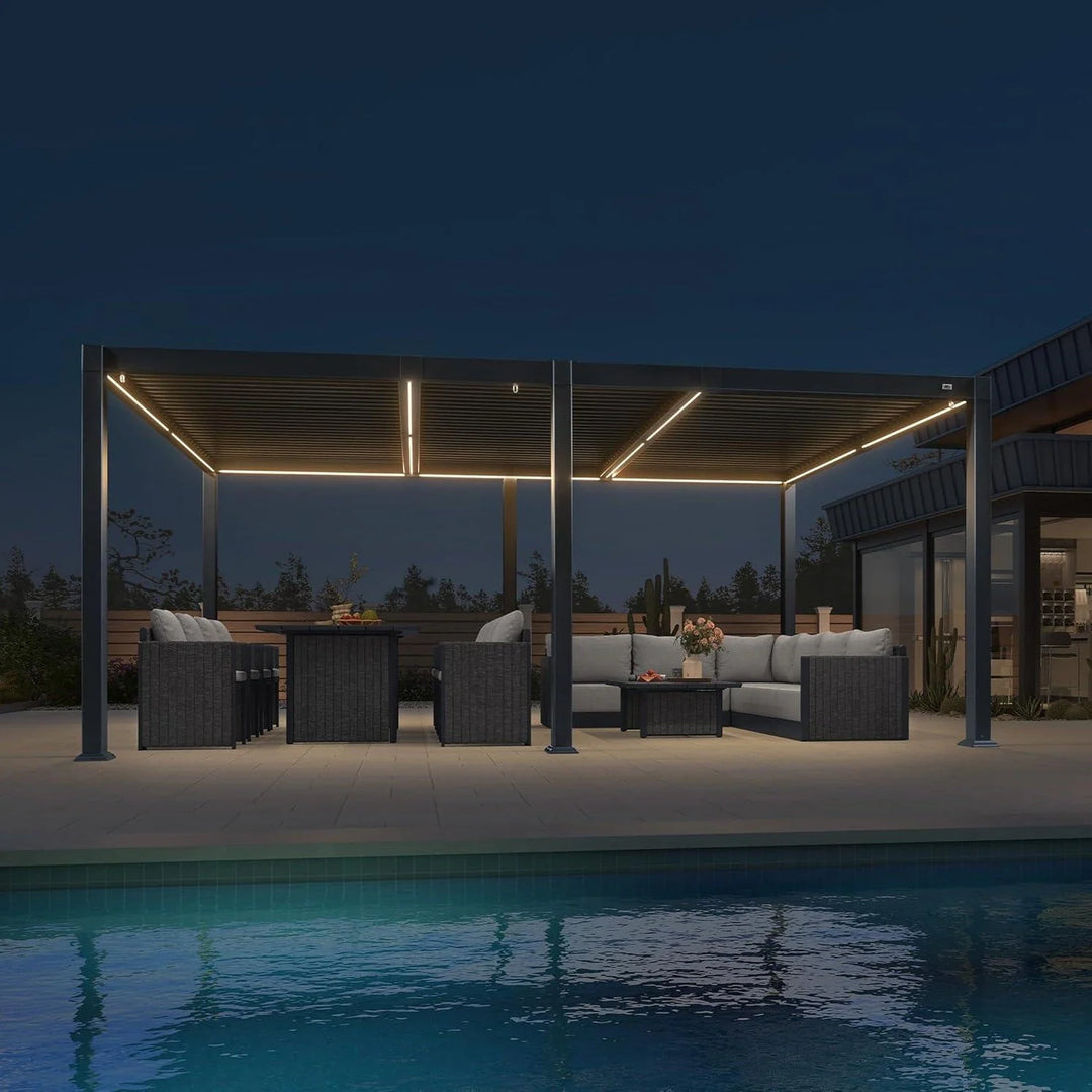Solar Louvered Pergola with LED String Lights Aluminum Outdoor Pergola with Adjustable Roof for Patio Garden