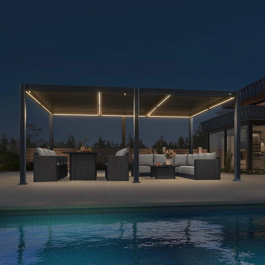Solar Louvered Pergola with LED String Lights Aluminum Outdoor Pergola with Adjustable Roof for Patio Garden