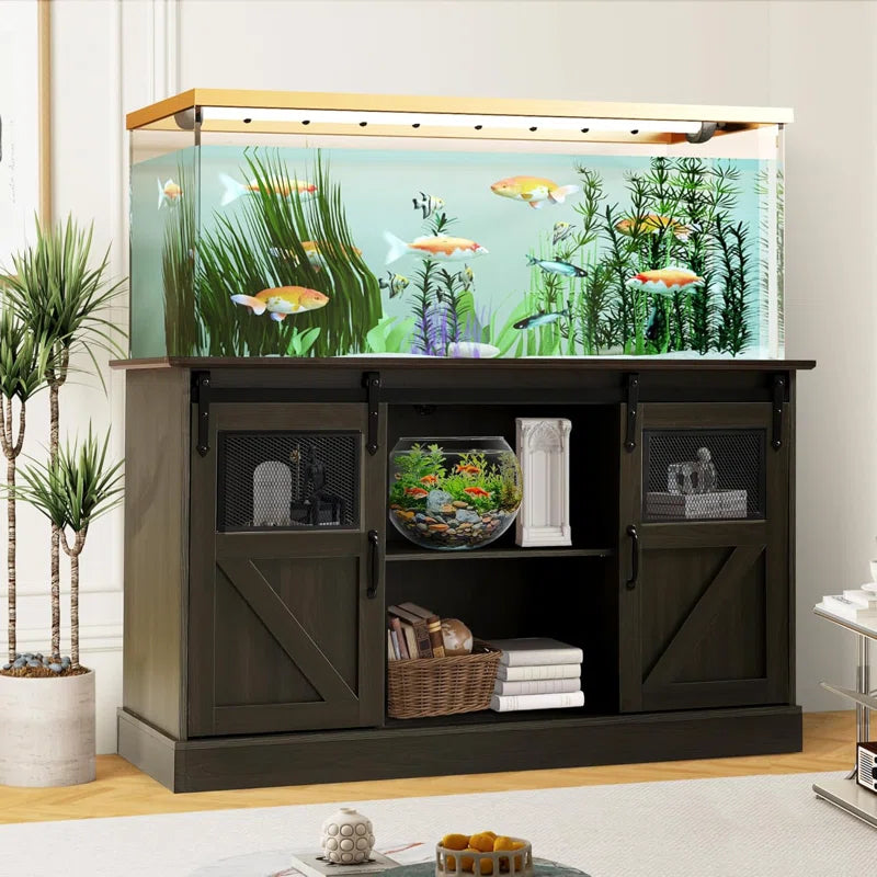 55-75 Gallon Fish Tank Stand with Power Outlet, Heavy Duty Large Aquarium Stand with Sliding Barn Door and Cabinet Storage for 2 Fish Tank Turtle Tank Reptile Terrarium, 1000Lbs Capacity