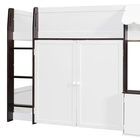 Full Loft House Bed with Playhouse Storage Modern Wood Cabin Bed for Kids