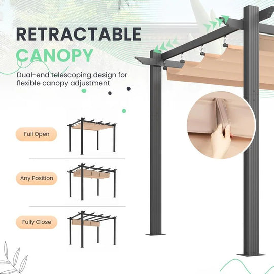 10' X 13' Outdoor Pergola with Retractable Canopy, Heavy-Duty Metal Frame and Adjustable Patio Shade Roof