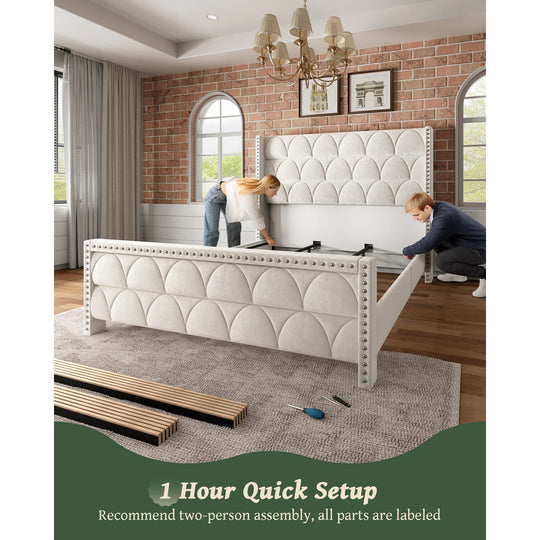 Hansabenne Solid Wood Bed Frame Queen and King Platform Bed Frame with Headboard White and Gray