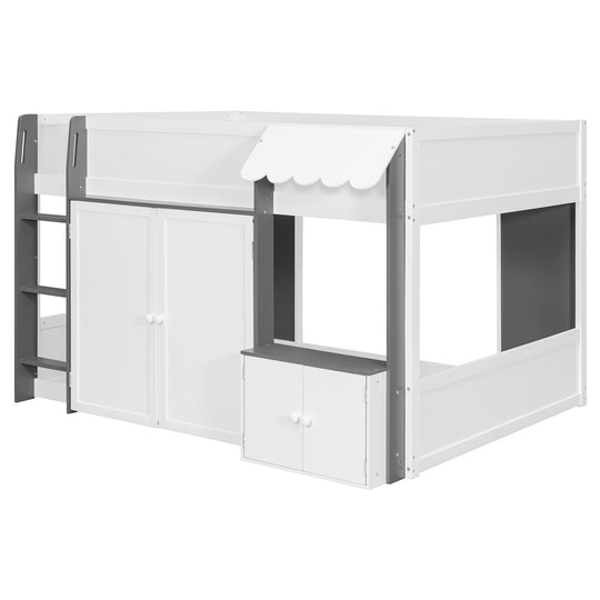 Full Loft House Bed with Playhouse Storage Modern Wood Cabin Bed for Kids