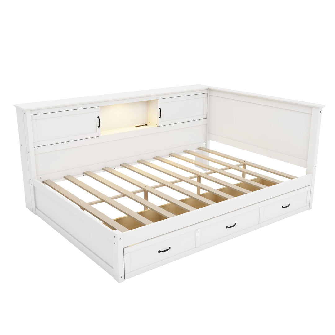 L-Shaped Corner Bed Frame with Drawer, Bookcase, LED Downlight and USB Port