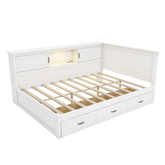 L-Shaped Corner Bed Frame with Drawer, Bookcase, LED Downlight and USB Port