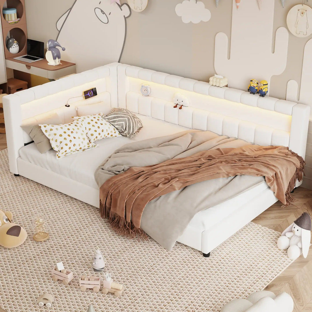 Upholstered Low-Profile Daybed Platform Bed Built-In USB Ports and LED Light Belt, Grounded Design with Padded Backrest