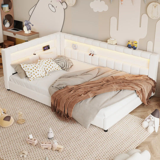 Upholstered Low-Profile Daybed Platform Bed Built-In USB Ports and LED Light Belt, Grounded Design with Padded Backrest