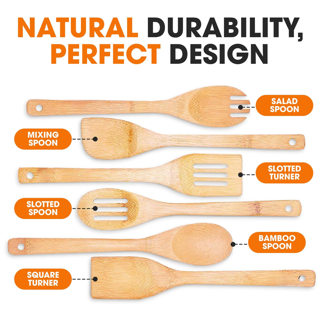 Premium Bamboo Cooking Utensil Set 6 Piece Non Scratch Wooden Spatulas and Spoons for Kitchen - Set of 6