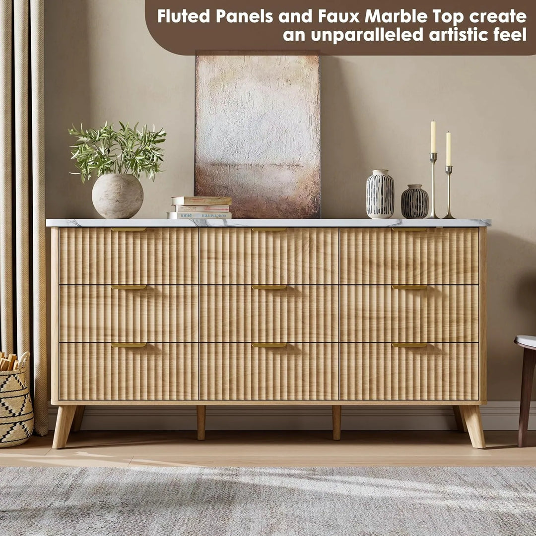Fluted 9-Drawer Dresser, 60.6" Wide Modern Wooden Chest with Curved Design, Dresser TV Stand for Living Room, Walnut