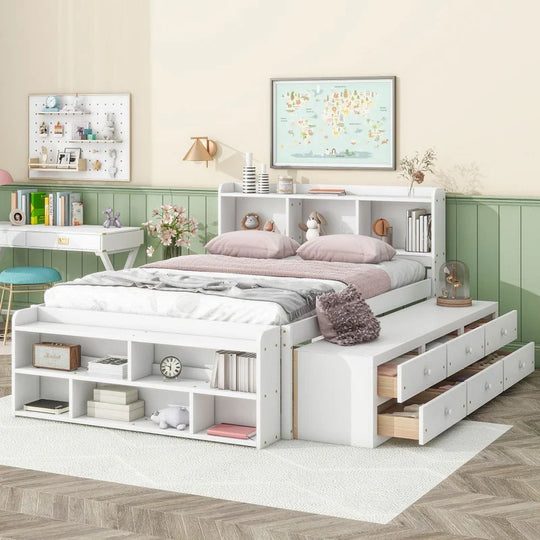 Storage Platform Bed with Bookcase Headboard,Drawers and Bed End Storage Case,Full Size