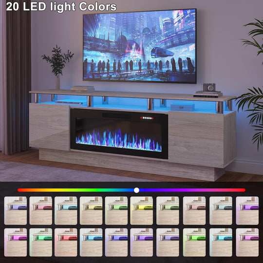 70" Modern Electric Fireplace TV Stand, with Electronic Flame and LED Lights, High Gloss Finish Entertainment Center