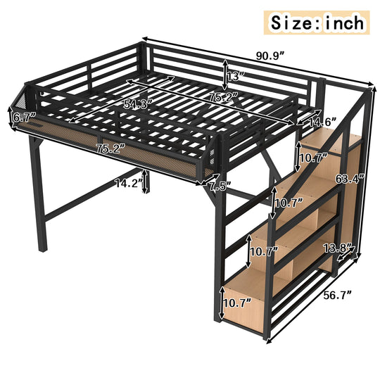 Metal Loft Bed with Storage Stairs, Built-In Wardrobe, Shelves, USB Ports, LED Lights & Noise-Reduced Frame