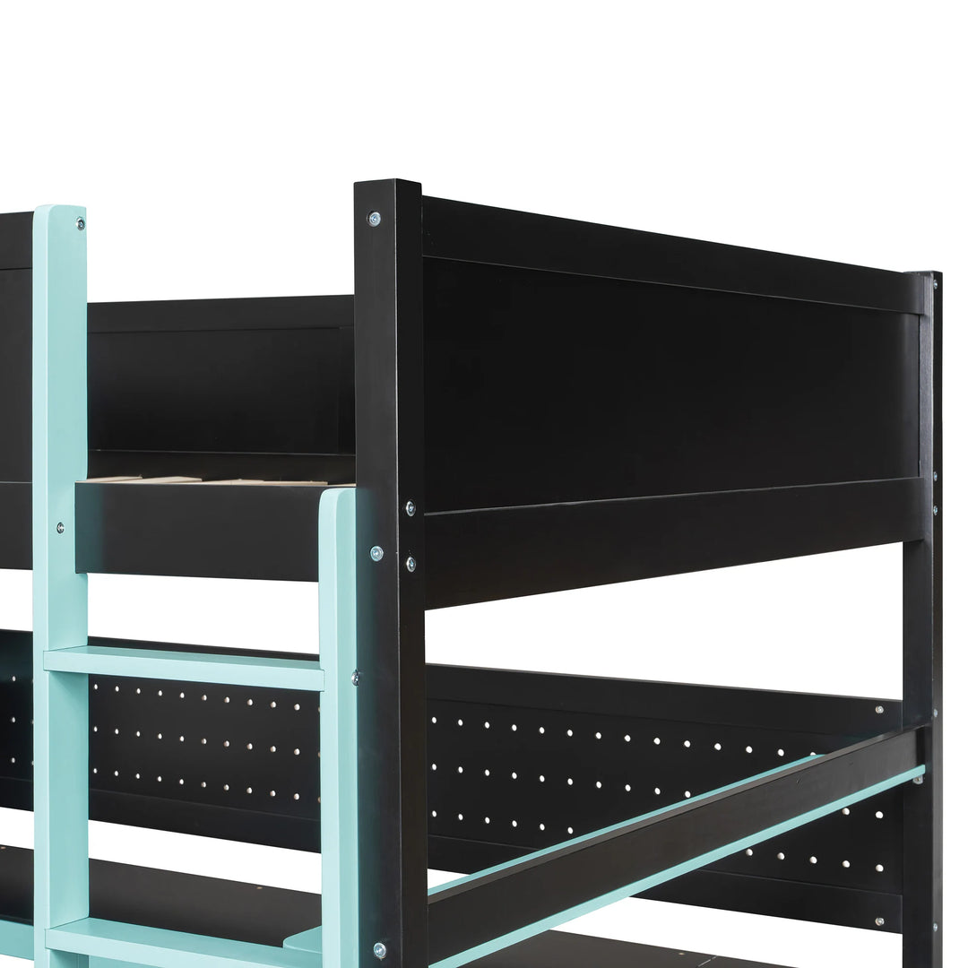 Full Size Wooden Gaming Loft Bed with Storage Stairs, Desk, Shelves and Pegboard
