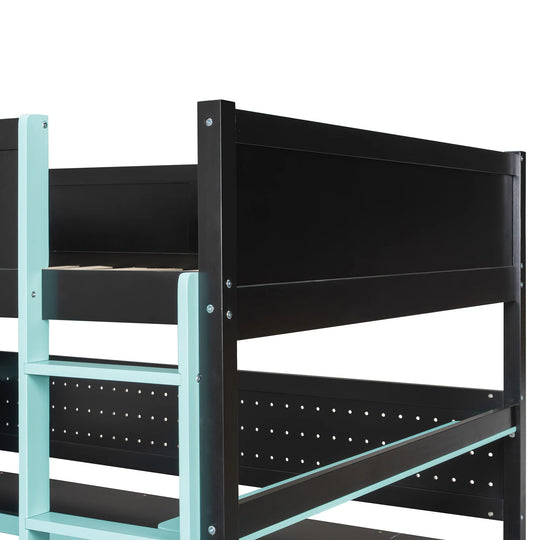 Full Size Wooden Gaming Loft Bed with Storage Stairs, Desk, Shelves and Pegboard