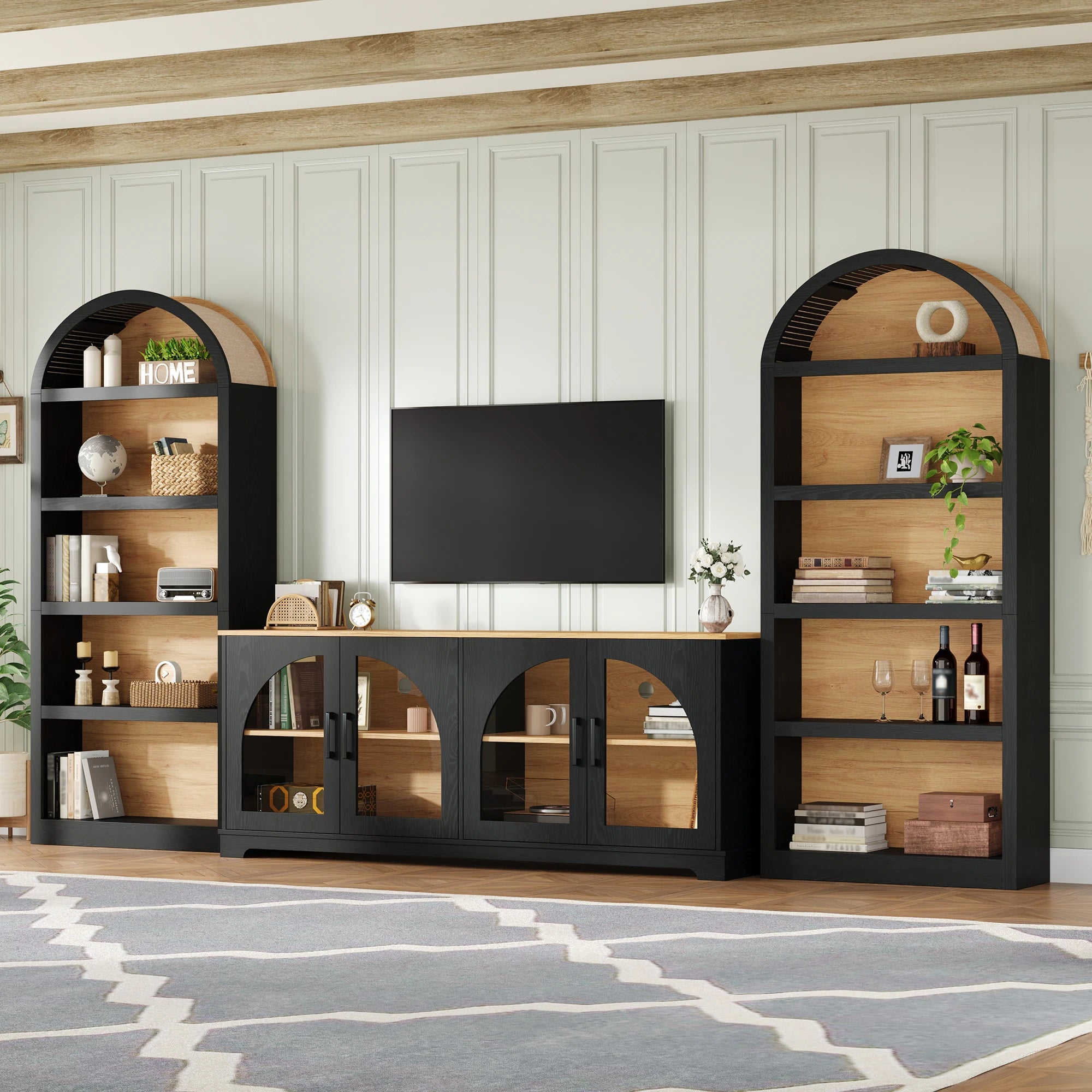 3-Piece Retro Entertainment Center for Tvs up to 70", Two-Tone Farmhouse TV Stand with Sideboard & Bookshelf