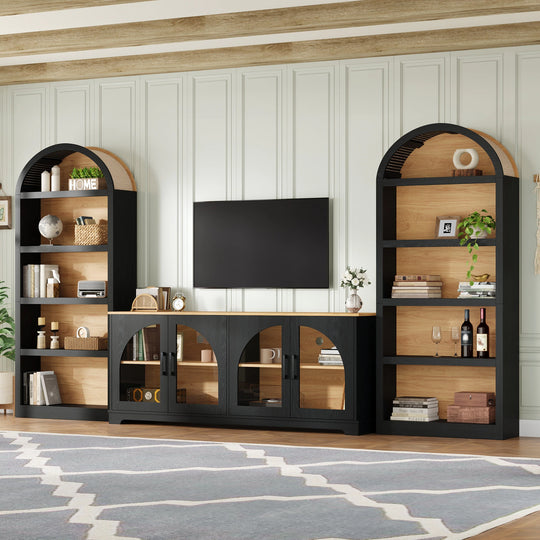 3-Piece Retro Entertainment Center for Tvs up to 70", Two-Tone Farmhouse TV Stand with Sideboard & Bookshelf