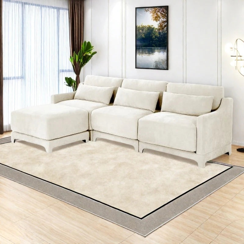Modern Chenille 4-Seater Sofa with 2 Ottoman, Lumbar Cushions, Ergonomic Backrest, High-Resilience Spongeand Tufted Armrests