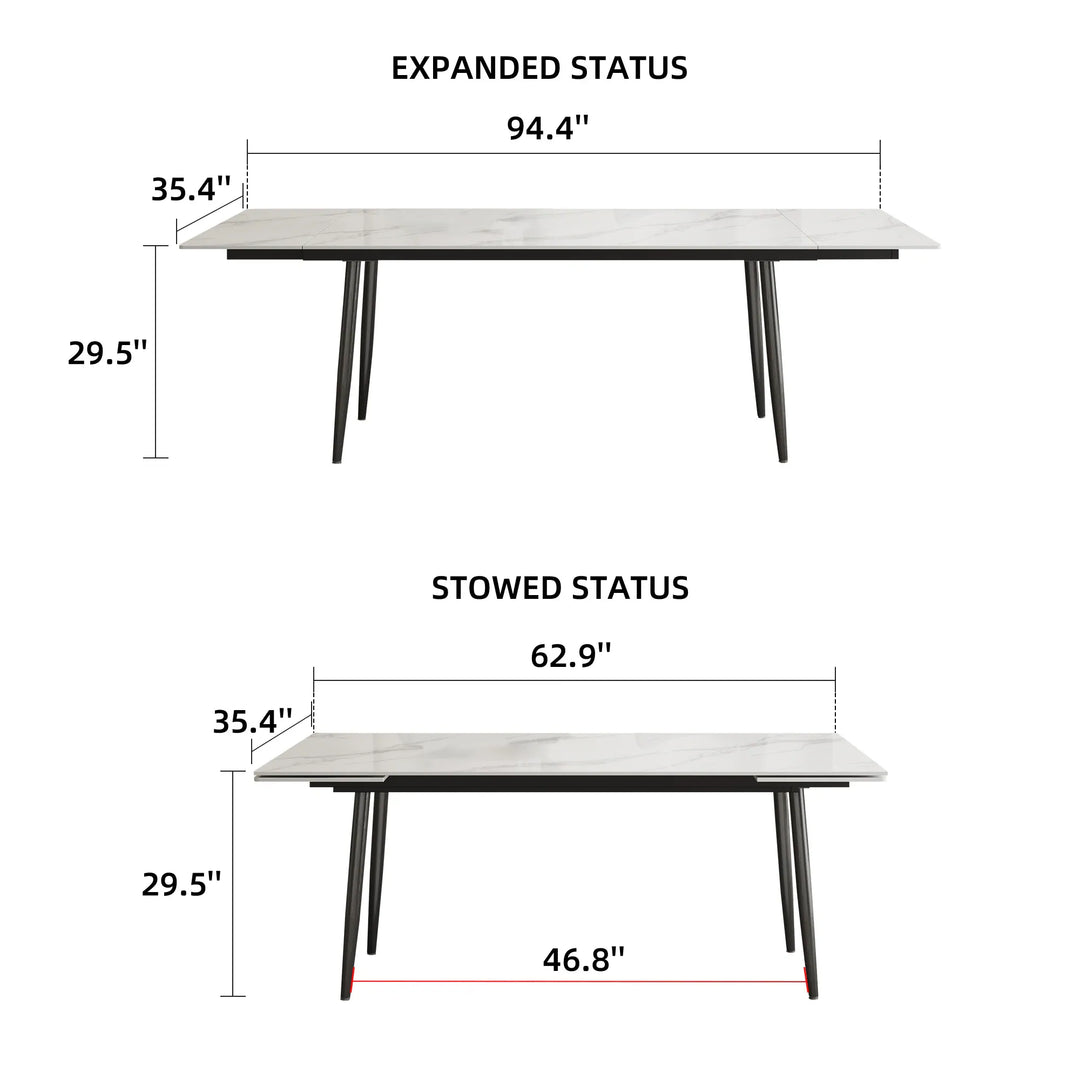 Glossy Slate 63"-95" Extendable Rectangle Dining Table - 94.4"W X 35.4"D X 29.5"H