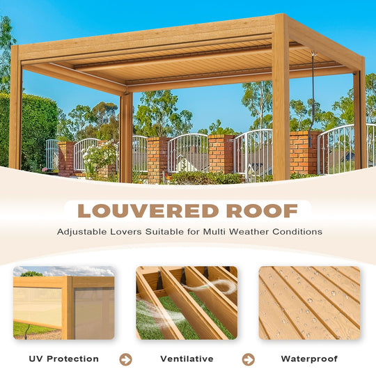 Outdoor Louvered Pergola Gazebo with Adjustable Aluminum Rainproof Roof and Pull-Down Screen