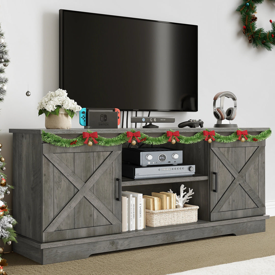 Farmhouse TV Stand with Barn Door Media Console Entertainment Center with Storage Cabinets