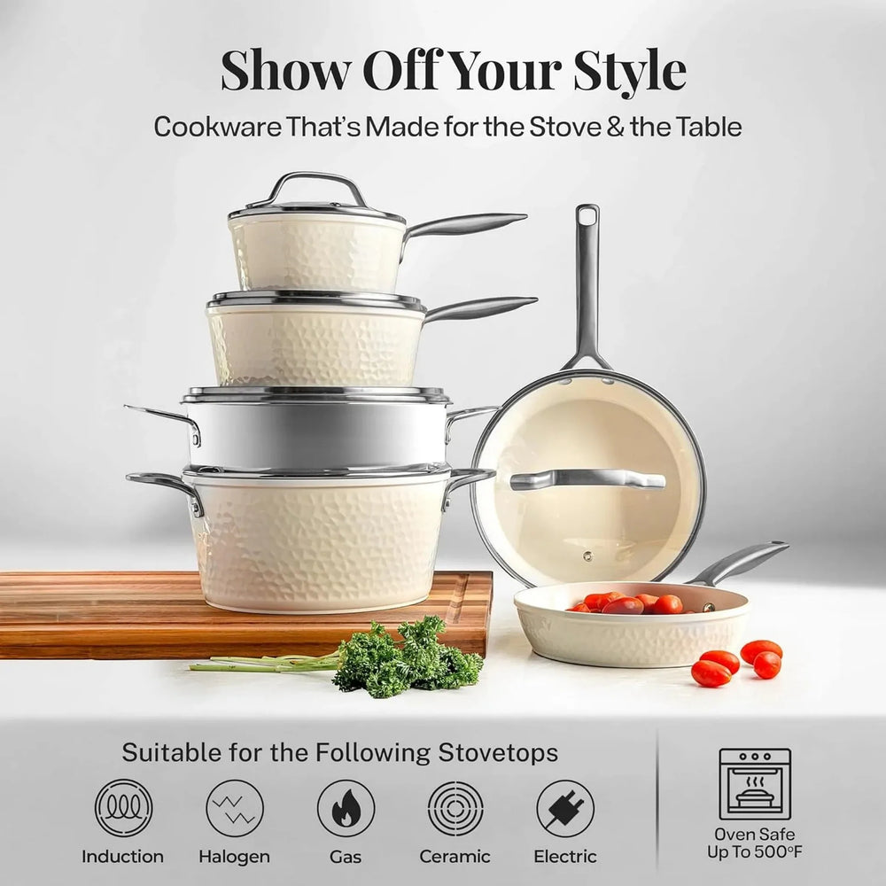 Pro Hammered 20 Piece Ceramic Nonstick Induction Cookware and Bakeware Pots and Pans Set