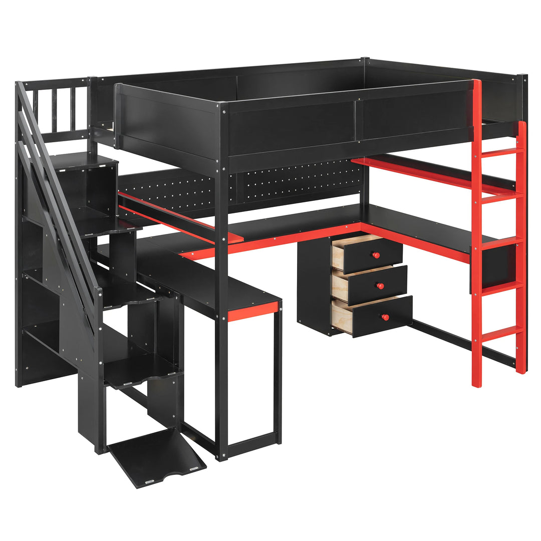 Full Size Wooden Gaming Loft Bed with Storage Stairs, Desk, Shelves and Pegboard