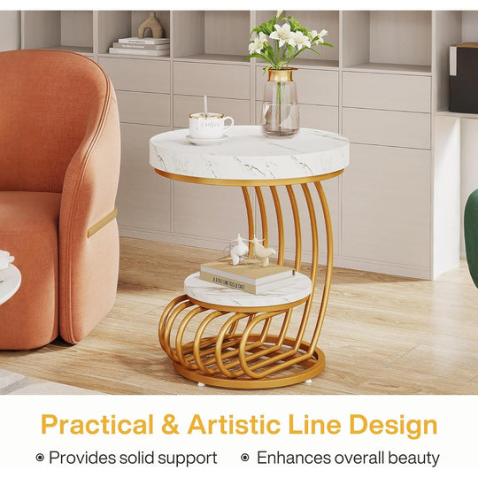 2 Tiers round End Table with Shelf Storage, Arc-Shaped Side Sofa Table