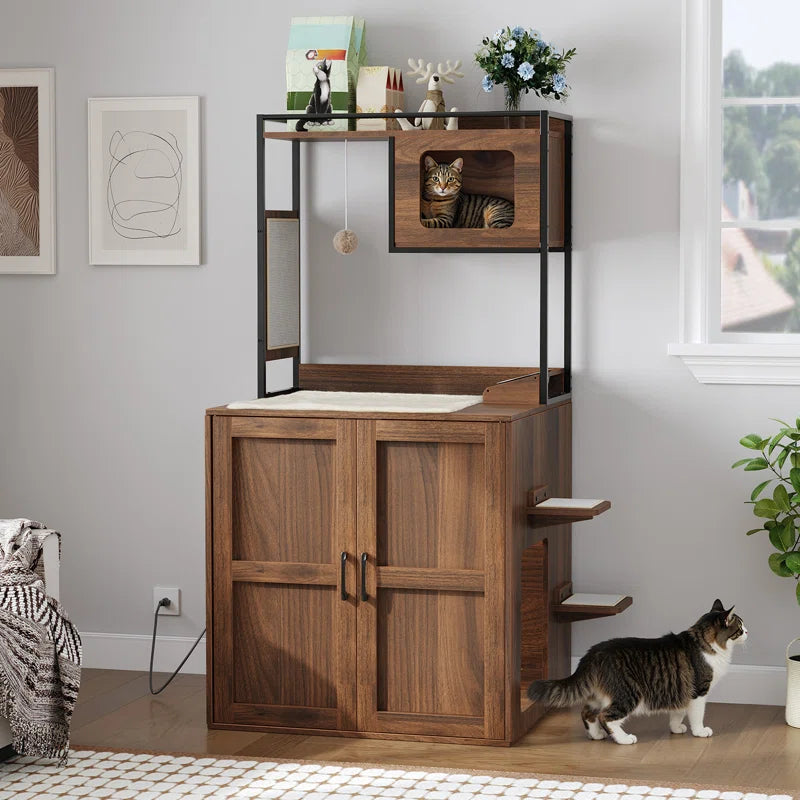 Cat Tower with Litter Box Enclosure with Shelves and Charging Station