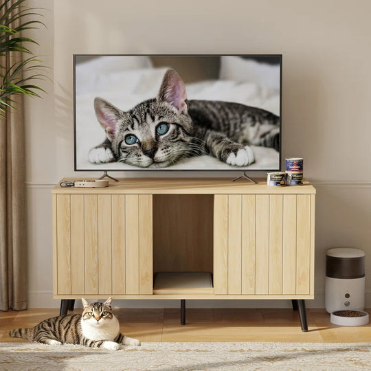 47.24" Cat Litter Box Enclousure Furniture for 2 Cats ,Indoor Cat House Hidden with Cat Scratch Pad ,TV Stand Side Table,Cat Washroom.