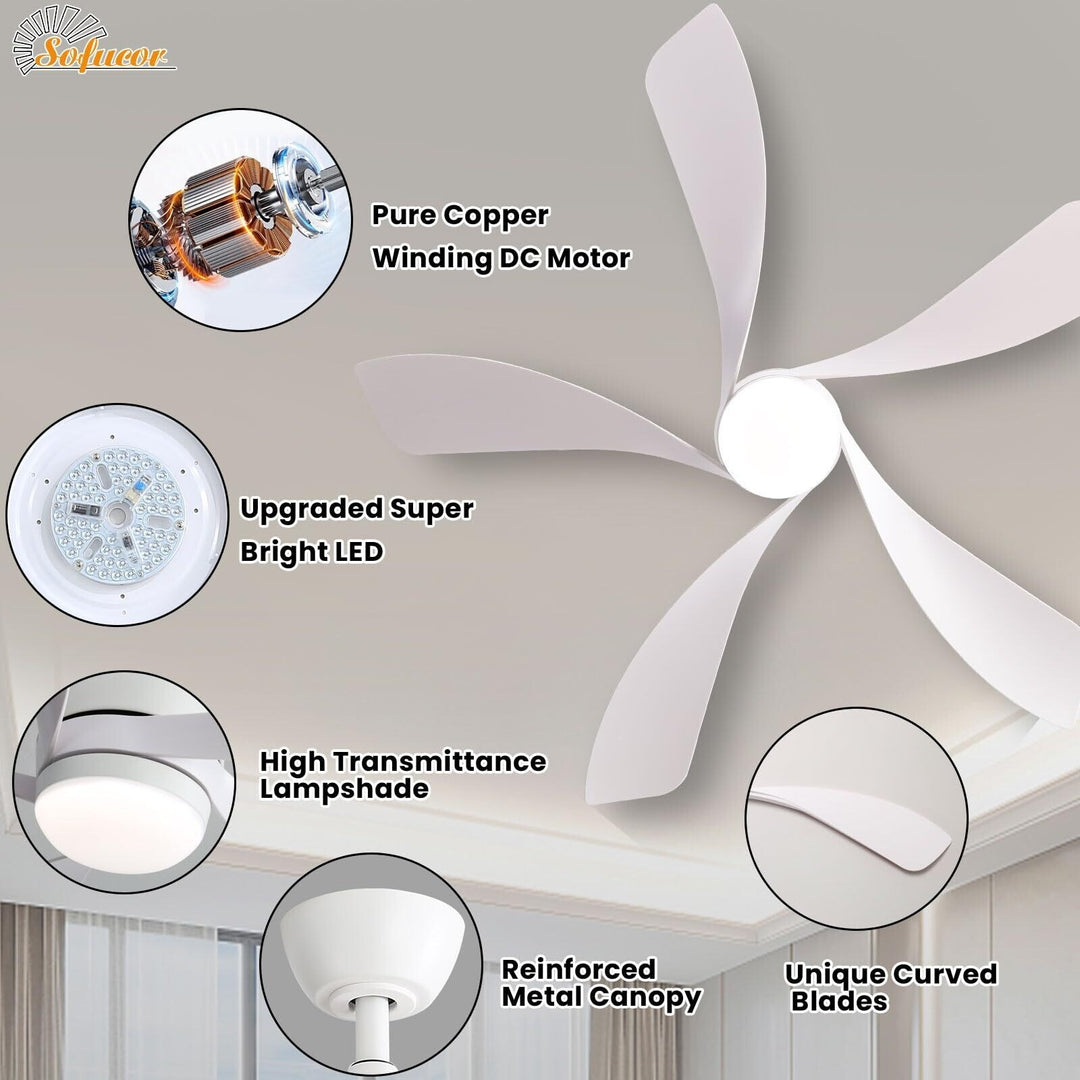 Sofucor 45/52 Inch Ceiling Fan with Remote & Lights Quiet DC Motor 5 Blade High CFM Modern Fan