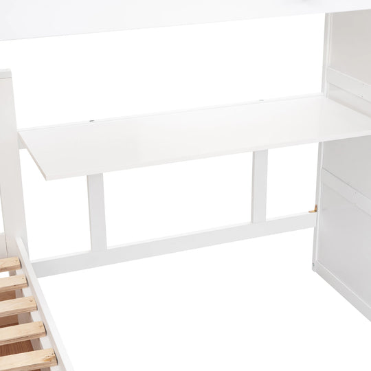 L-Shaped Bunk Bed with Three Drawers, Portable Desk and Wardrobe, Twin-Twin over Full Design