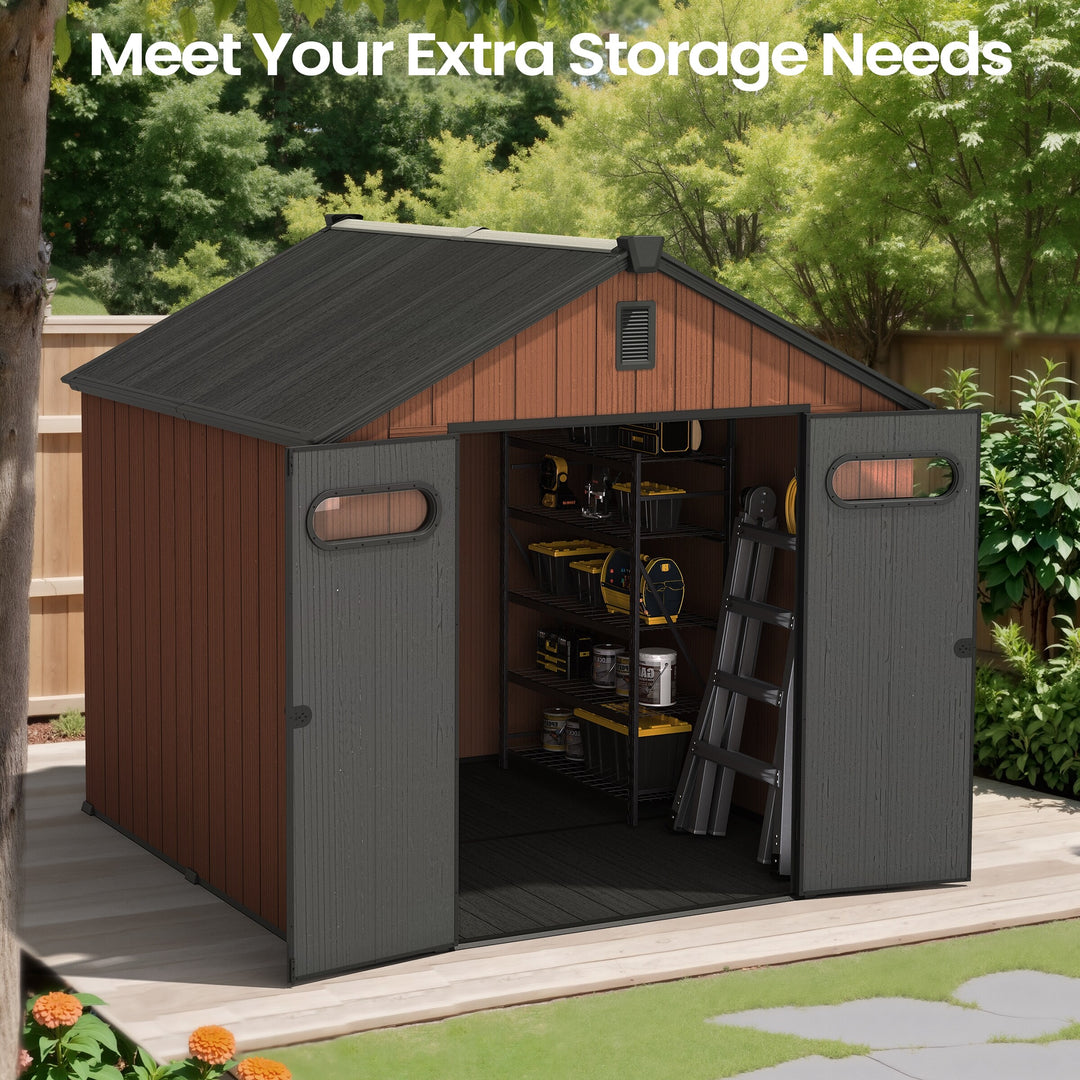 8X8/8X10/8X12 FT All-Weather Outdoor Resin Lockable Storage Shed with Windows Floor for Patio Furniture and Tools