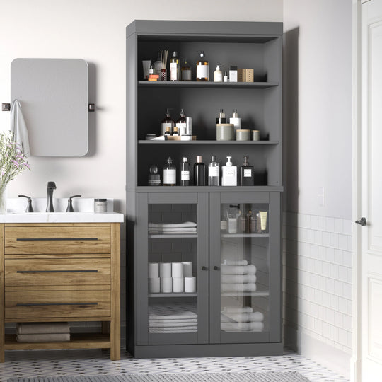 100% Solid Wood Bathroom & Laundry Storage Cabinet, Raised Panel Doors, Adjustable Shelves, 32" Wide, 71.5" Tall