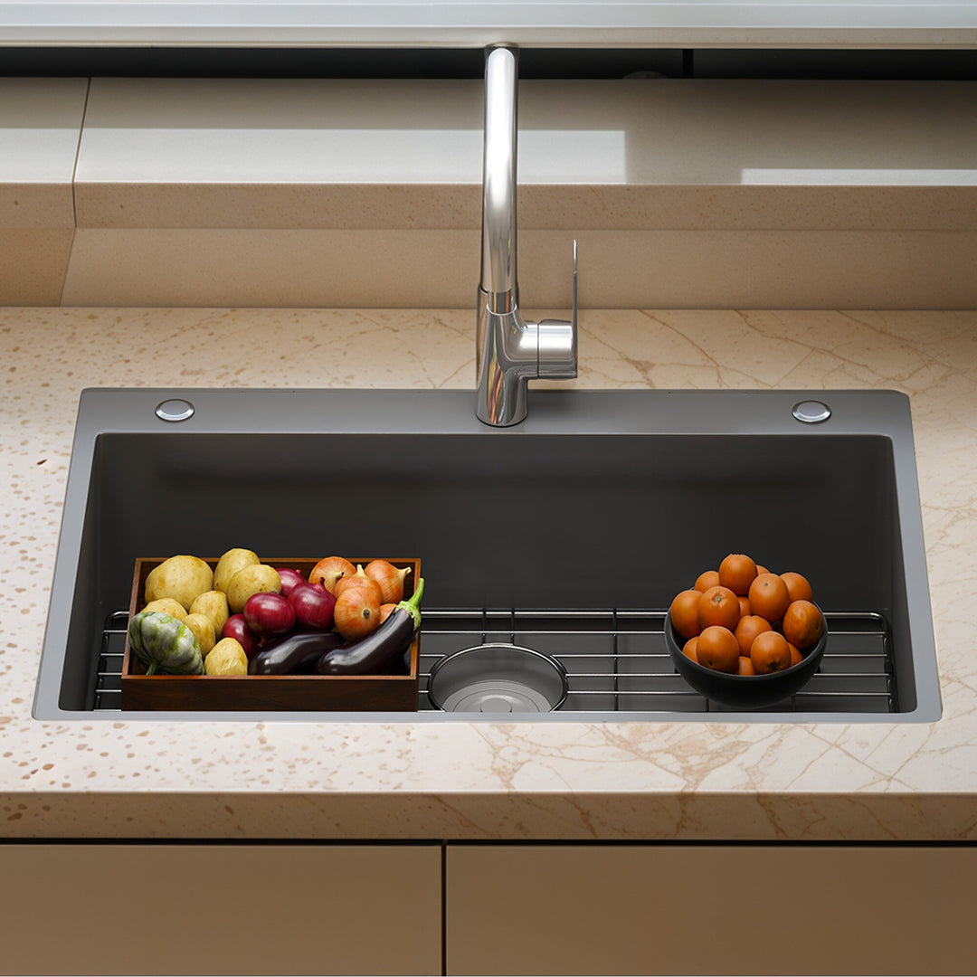 33 Inch Drop in Kitchen Sink Top Mount Stainless Steel Black Sink W/Sink Protector Single Bowl Drop-In Sink for Workstation