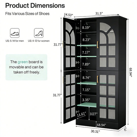 35 Pairs Tall Shoe Storage Cabinet with Doors, 8 Tiers Shoe Rack Organizer with LED Light and Adjustable Shelves for Entryway