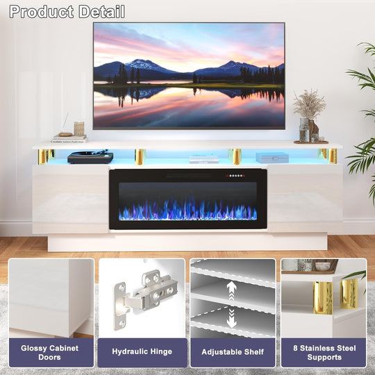 70" Modern Electric Fireplace TV Stand, with Electronic Flame and LED Lights, High Gloss Finish Entertainment Center