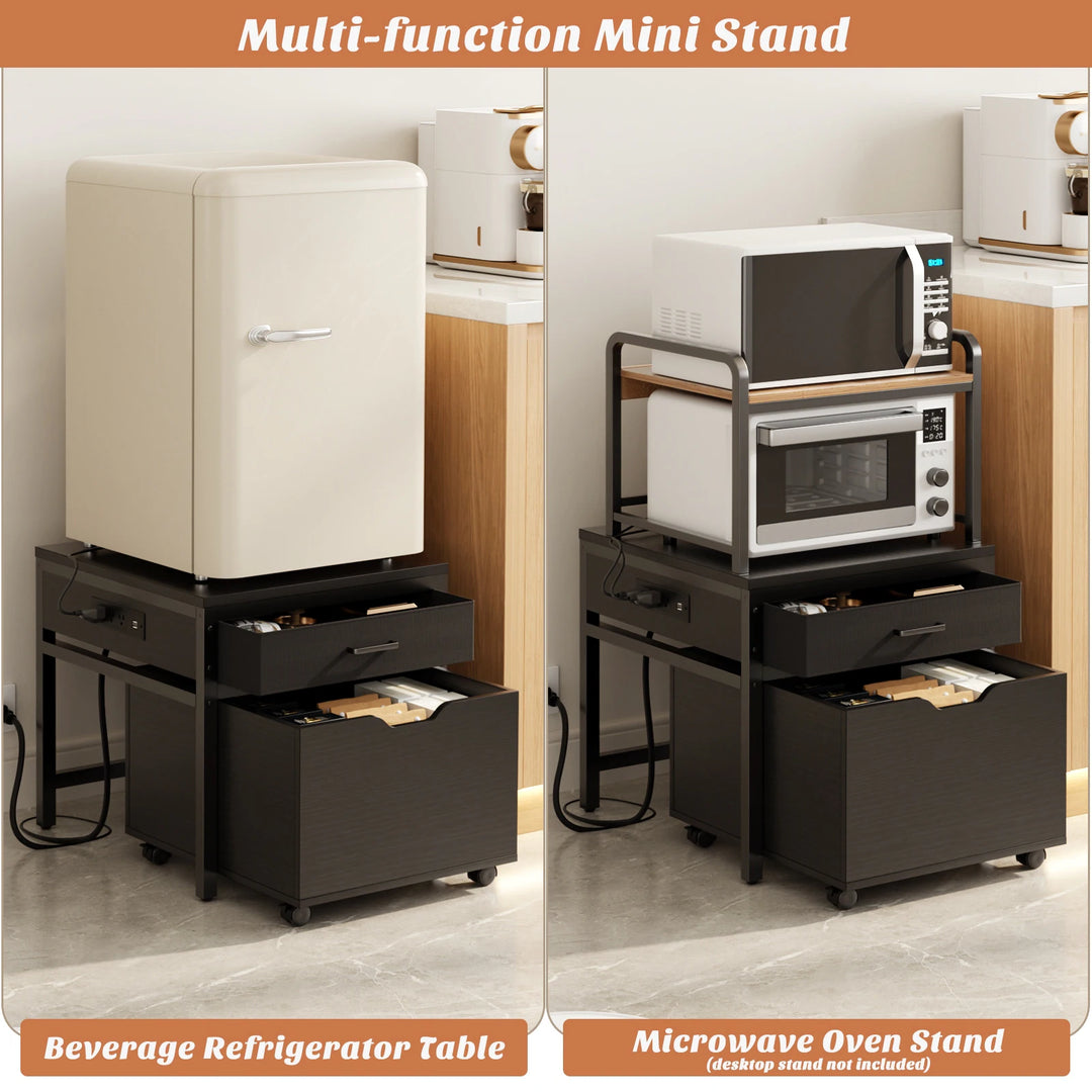 Mini Fridge Stand with Charge Station, Side/ End Table with Storage Drawers and Rolling Cabinet