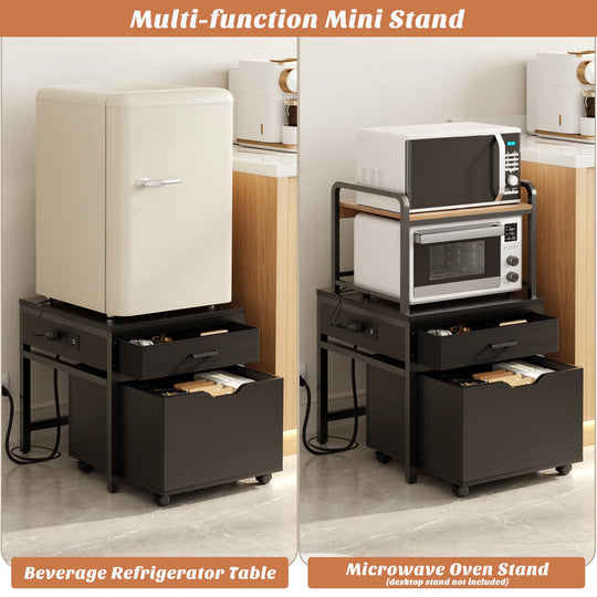 Mini Fridge Stand with Charge Station, Side/ End Table with Storage Drawers and Rolling Cabinet