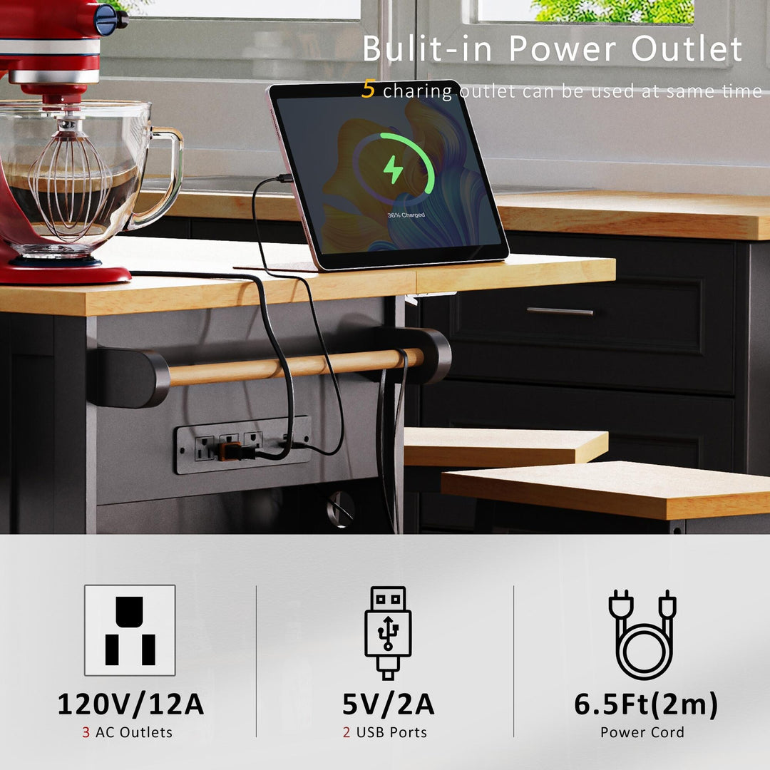 Large Kitchen Island with Drop Leaf,Power Outlet,Door Internal Storage Rack,3 Drawers(Not Include Bar Stools)