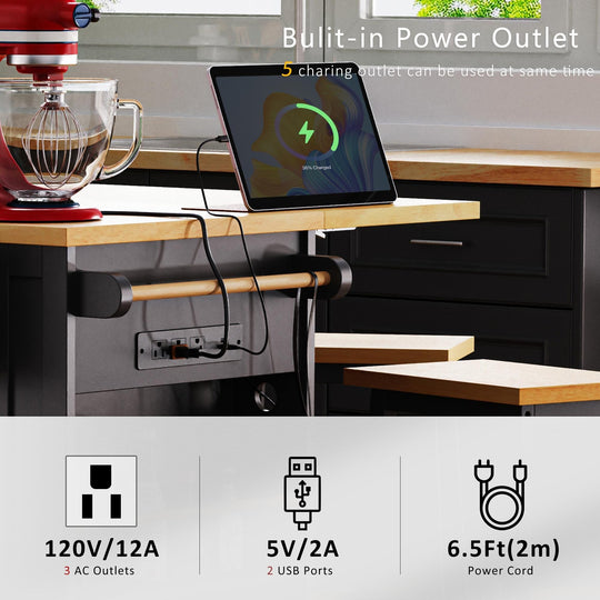 Large Kitchen Island with Drop Leaf,Power Outlet,Door Internal Storage Rack,3 Drawers(Not Include Bar Stools)