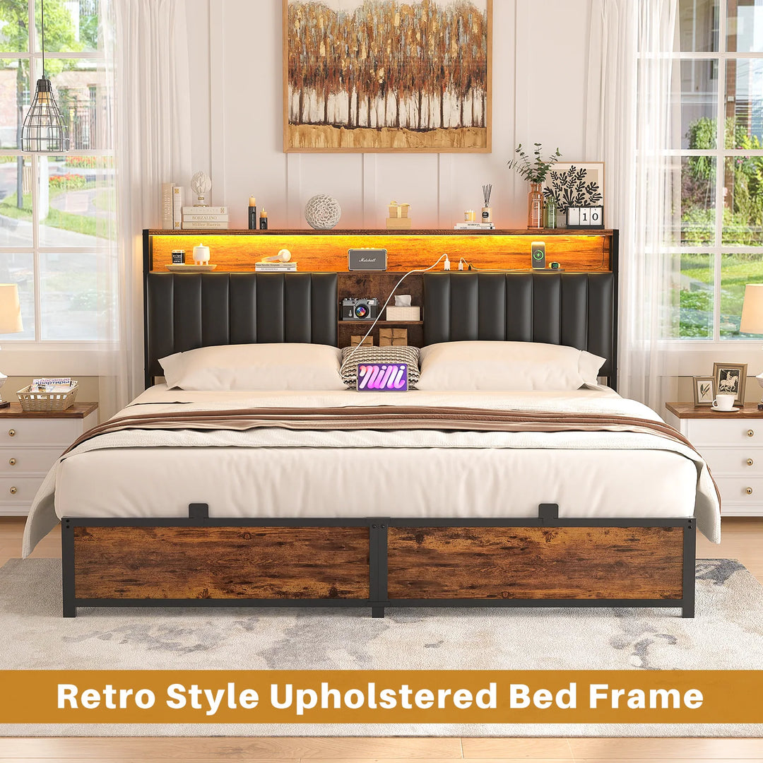Upholstered Bed Frame with Storage Shelving, Platform Beds with Charge Station and LED Lights