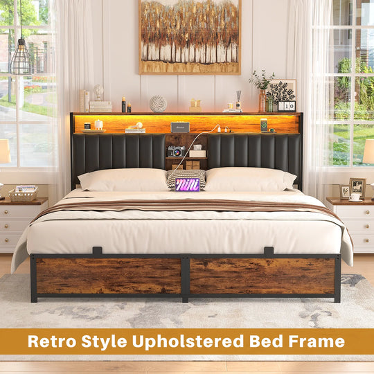 Upholstered Bed Frame with Storage Shelving, Platform Beds with Charge Station and LED Lights