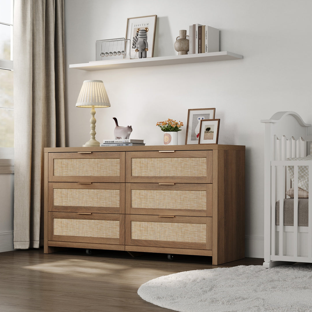 Elegant Right Angled Dresser with 6 Rattan Woven Drawers