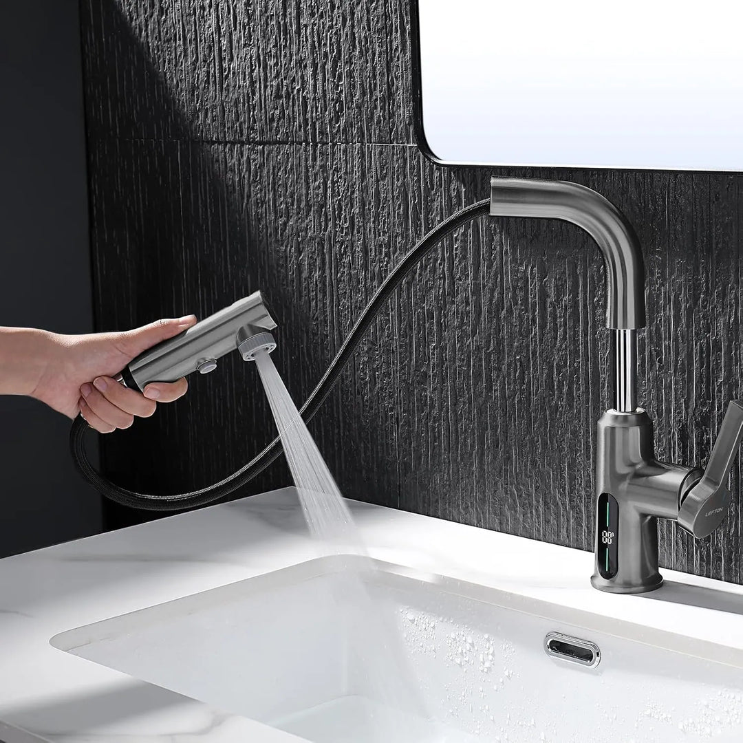 Single Hole Liftable Bathroom Faucet with Temperature Display in Fahrenheit, 3 Water Modes, BF2501