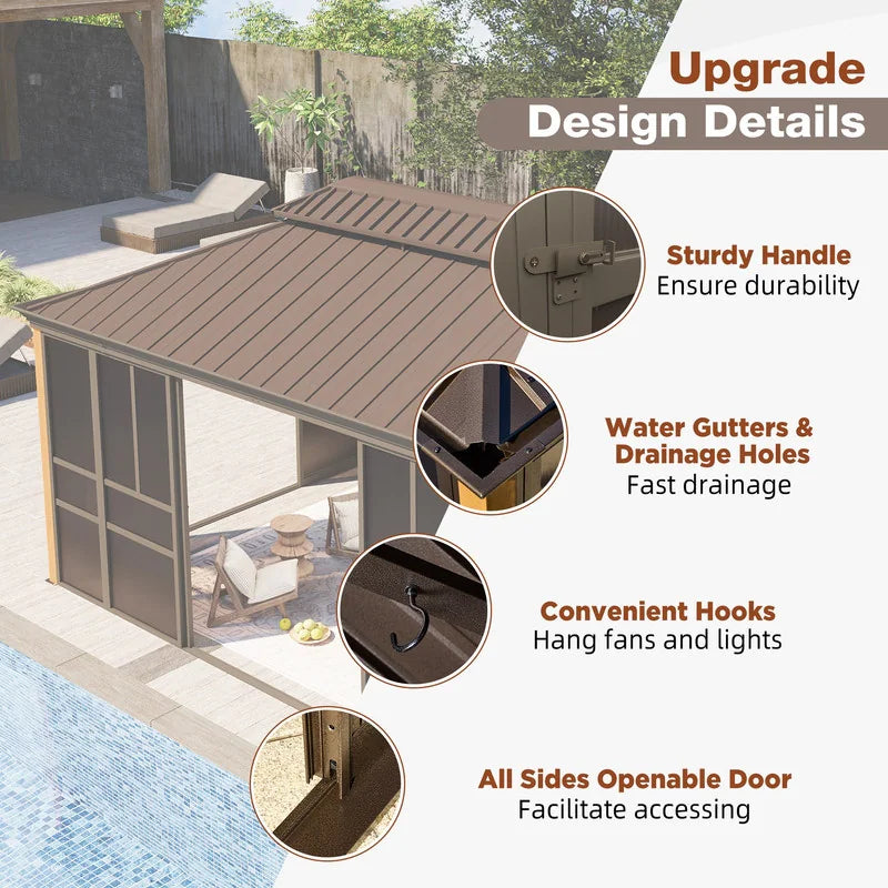 Outdoor Hardtop Sunroom Gazebo with Double Roof & Sliding Doors, All-Season Aluminum Outdoor Pergola, PE Screens&Lockable Design