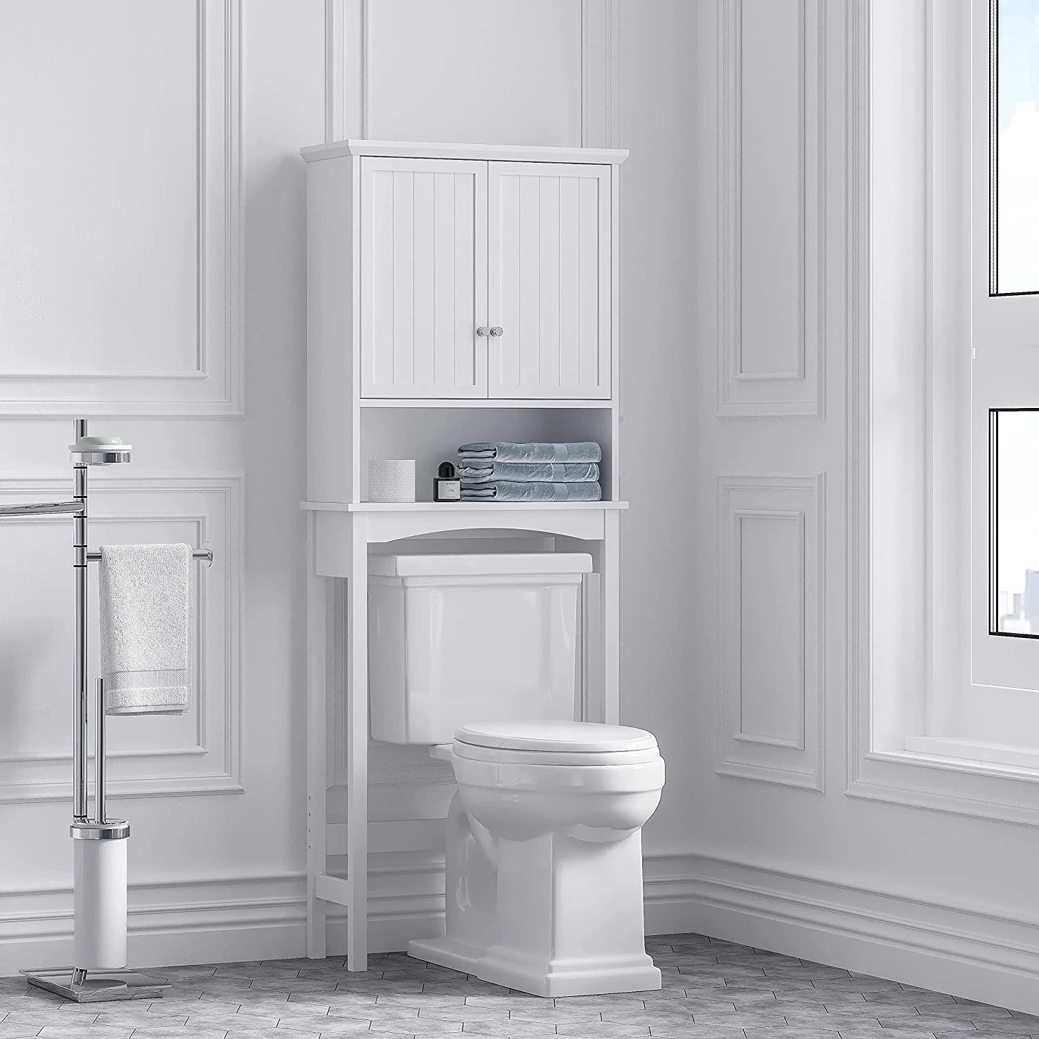 Spirich Bathroom Storage over the Toilet, Bathroom Cabinet Organizer with Adjustable Shelves and Double Doors, White
