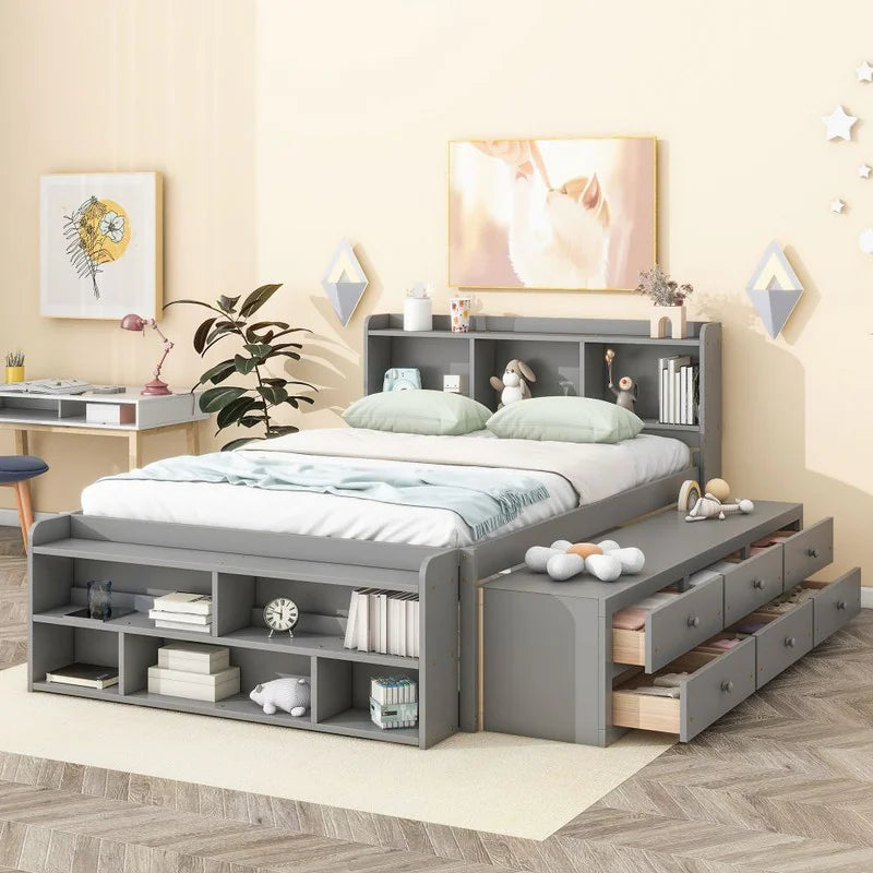 Storage Platform Bed with Bookcase Headboard,Drawers and Bed End Storage Case,Full Size