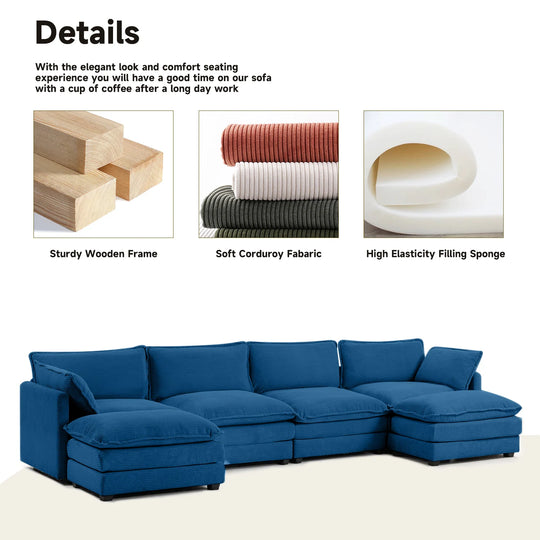 Corduroy Sectional Sofa with Removable Ottomans & Ultra-Soft Cushions for Living Room & Bedroom