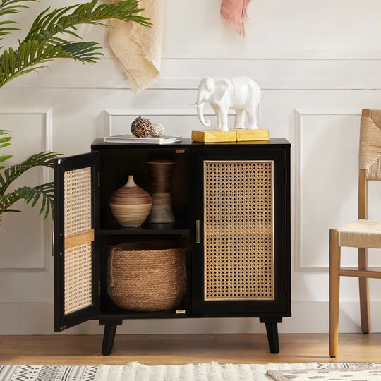 Emily 31'' Tall 2 - Rattan Door Accent Cabinet with Solid Wood Legs